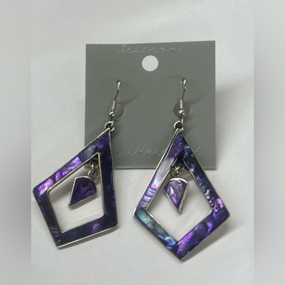 Vintage Taxco Mexican Alpaca Purple Abalone Large Diamond Shaped Earrings - Picture 5 of 5